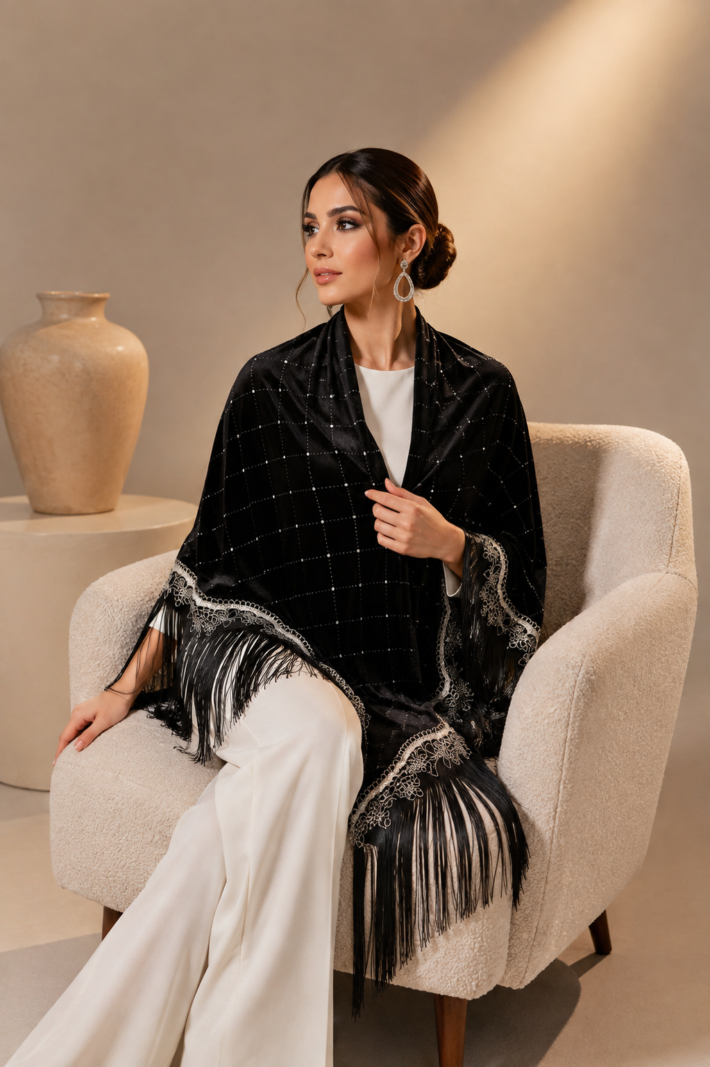 Silver Embroidery and Fringe Velvet Shawl