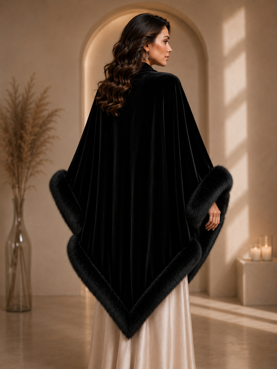 Black Velvet Plain Shawl with Fur Trim