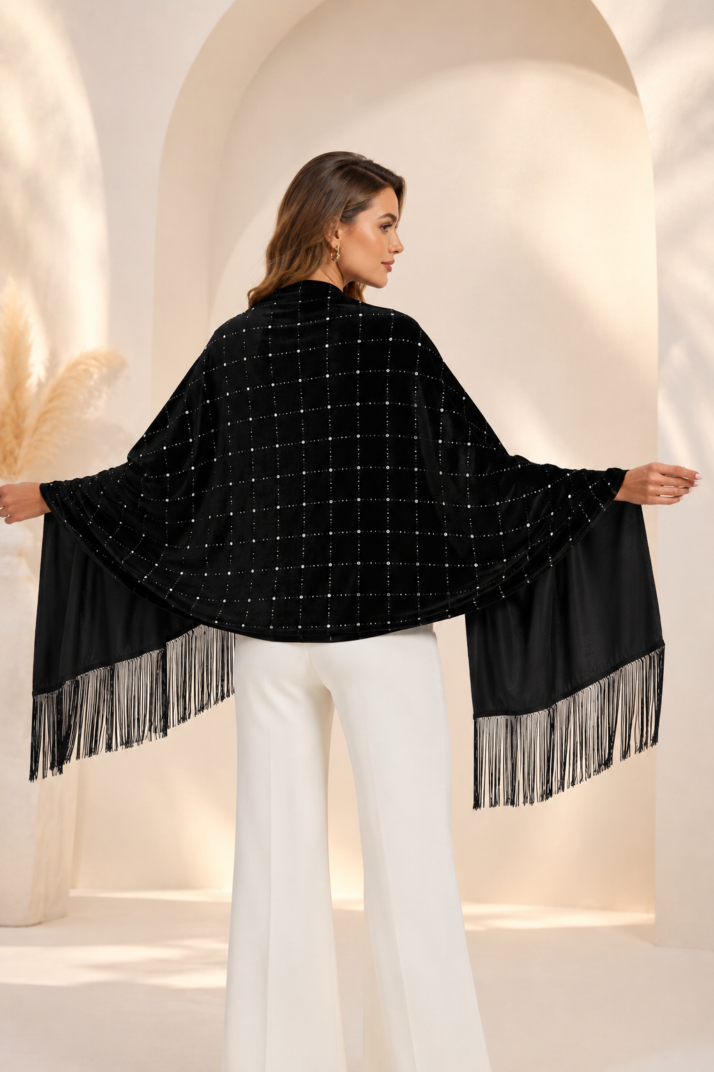 Black Velvet Shawl with Crystal Stones