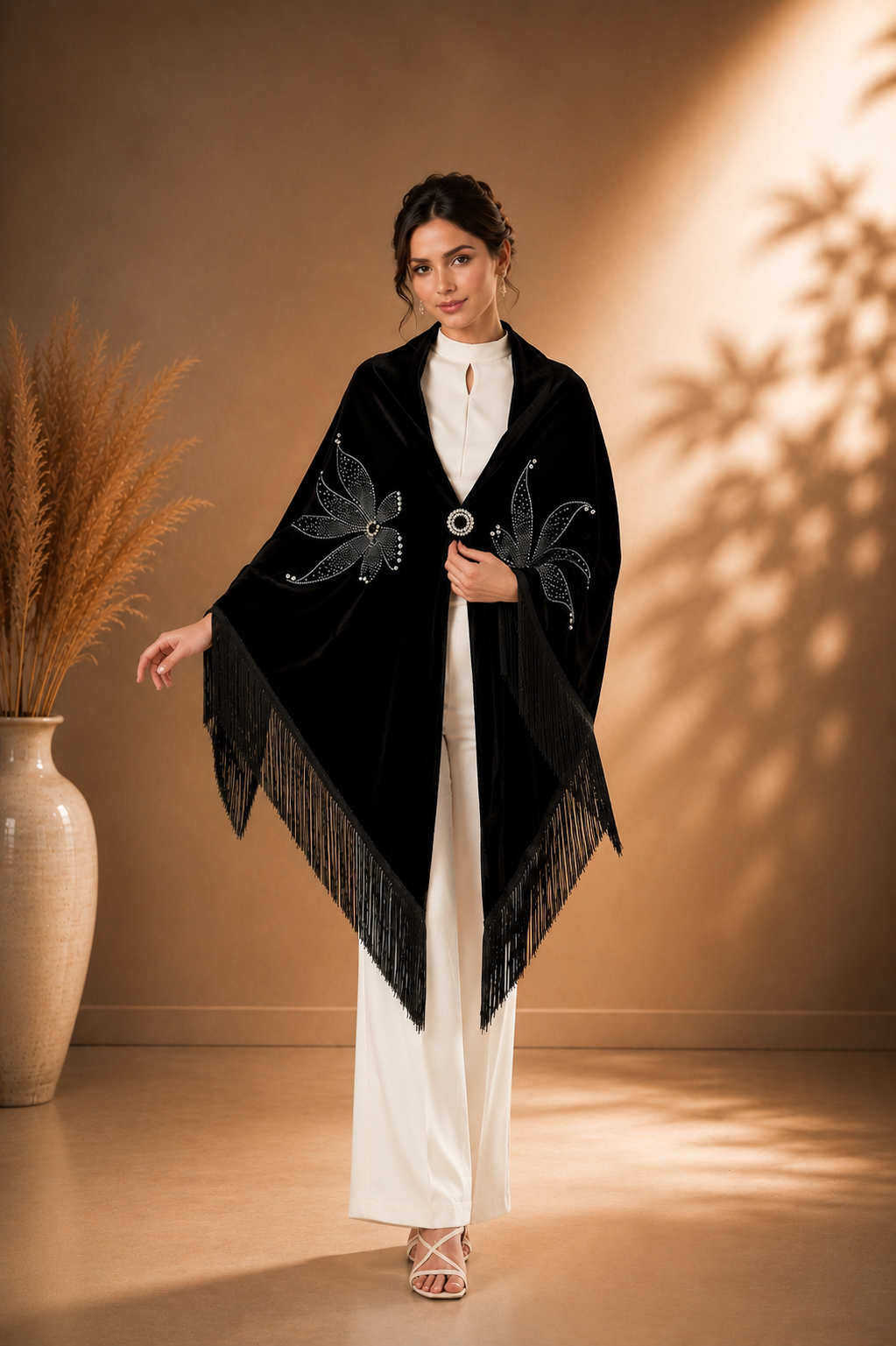 Velvet Shawl with Crystal Flower Stones