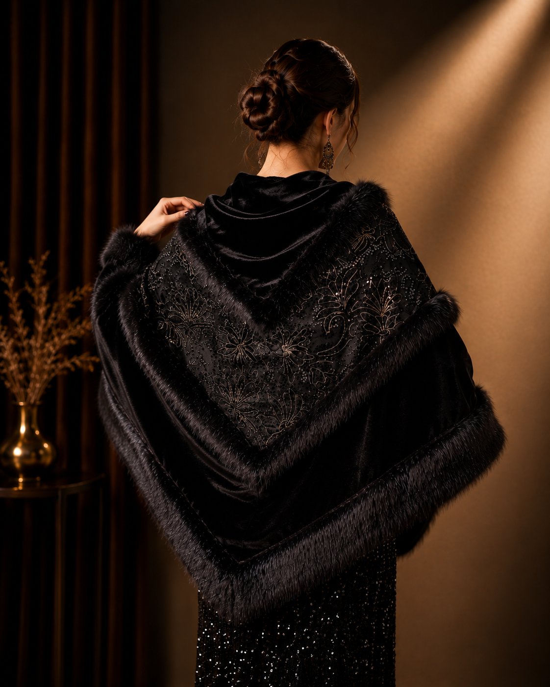 Velvet Shawl with Fur and Embroidered Fabric