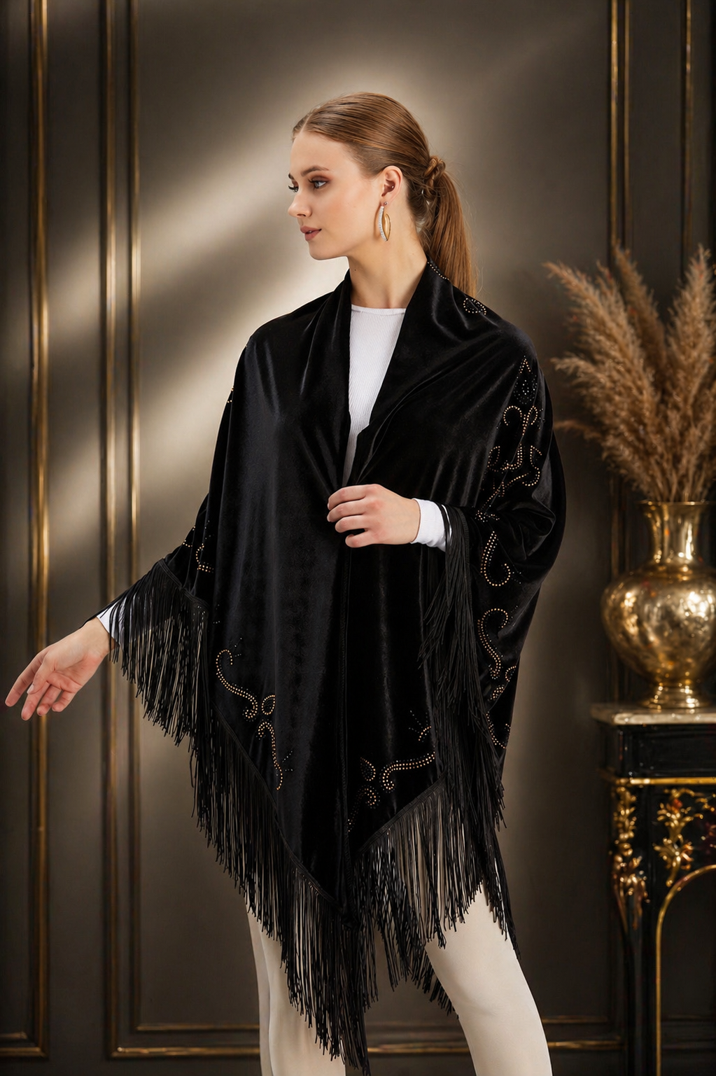 Black Velvet Shawl with Crystal Embellishments