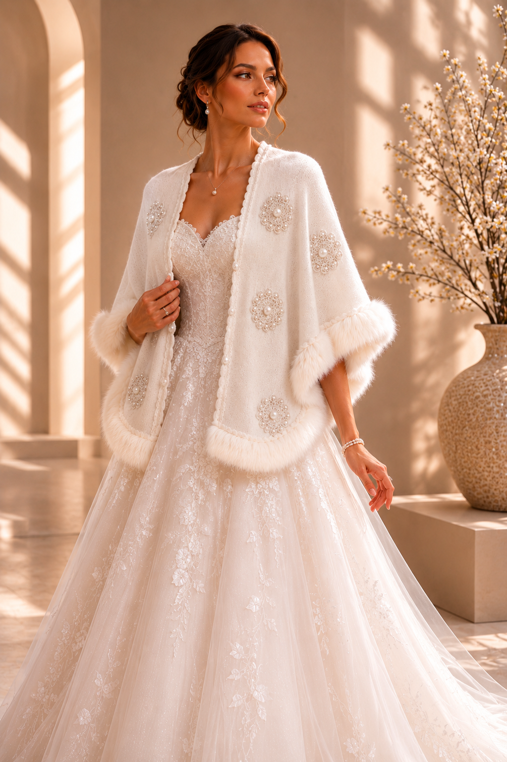 Ivory Bridal Pearl Embellished Shawl