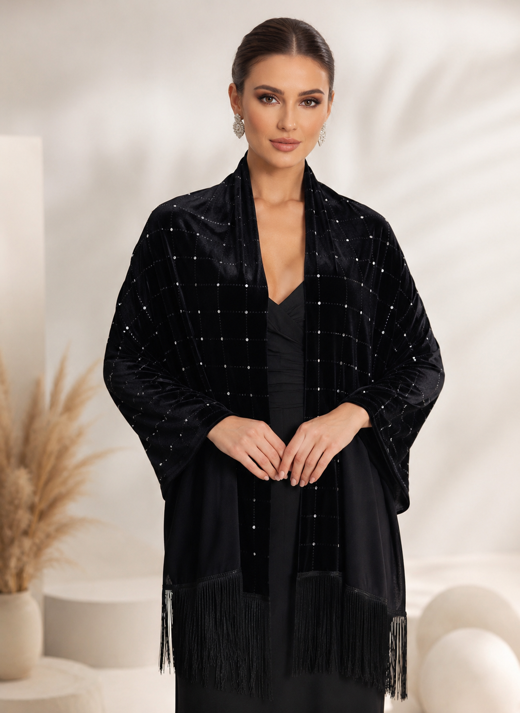 Black Velvet Shawl with Crystal Stones