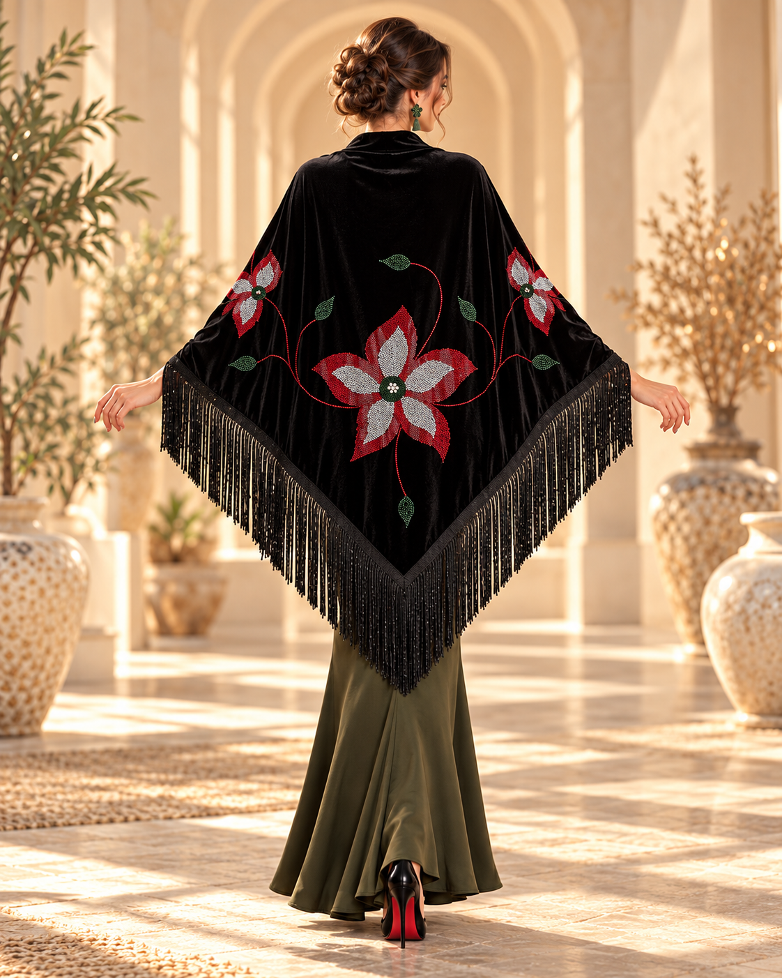 Velvet Shawl with Crystal Floral Stones