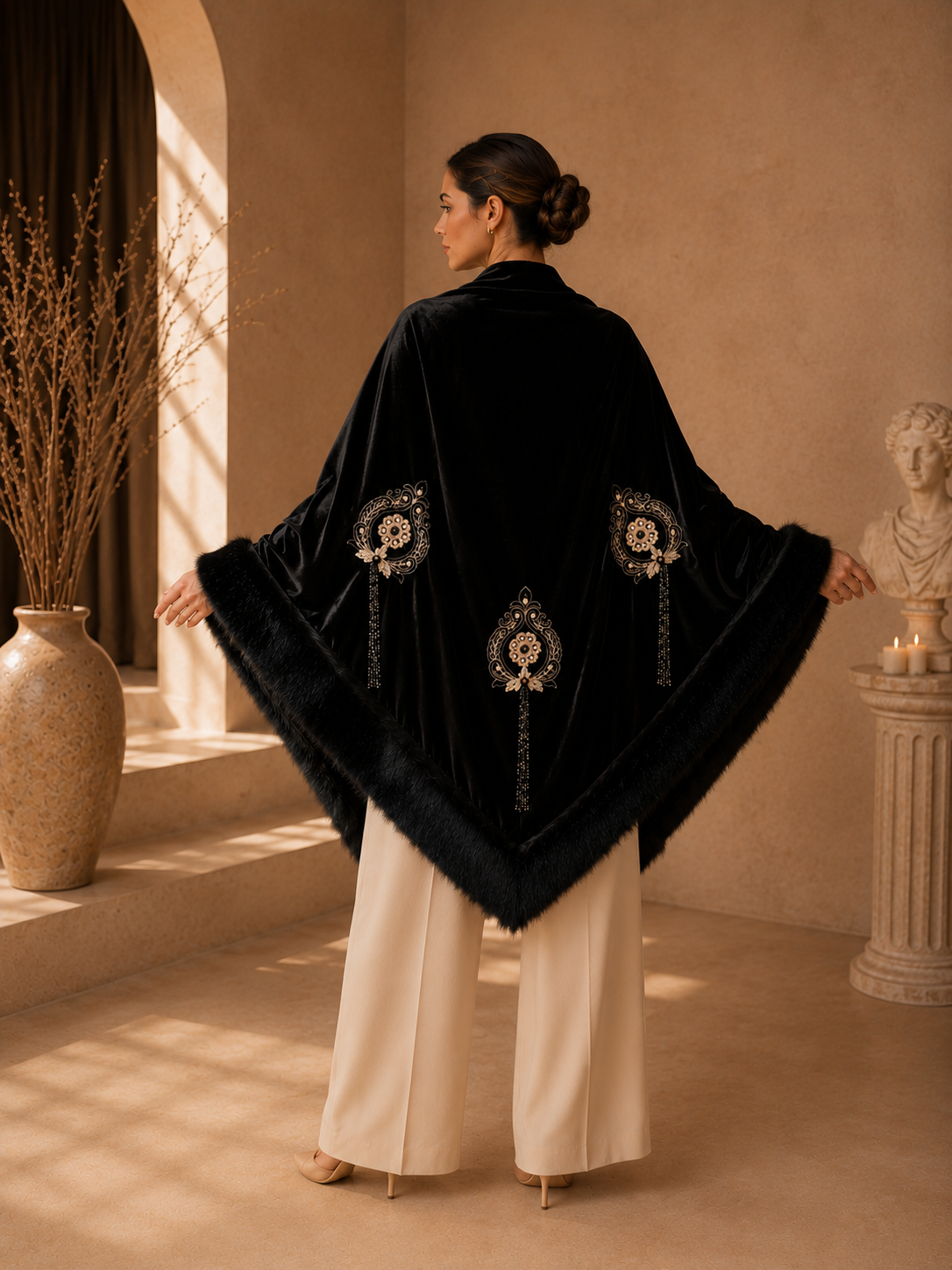 Embroidery Velvet Faux Fur Shawl