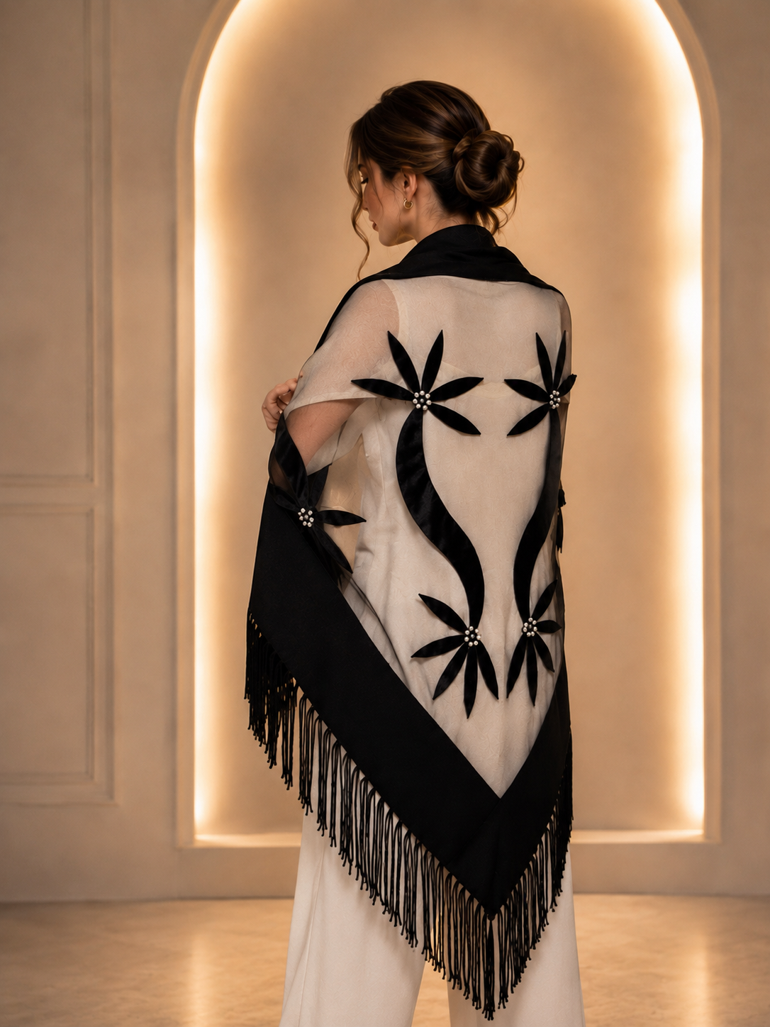 Evening Knit and Tulle Shawl with Velvet Aplique