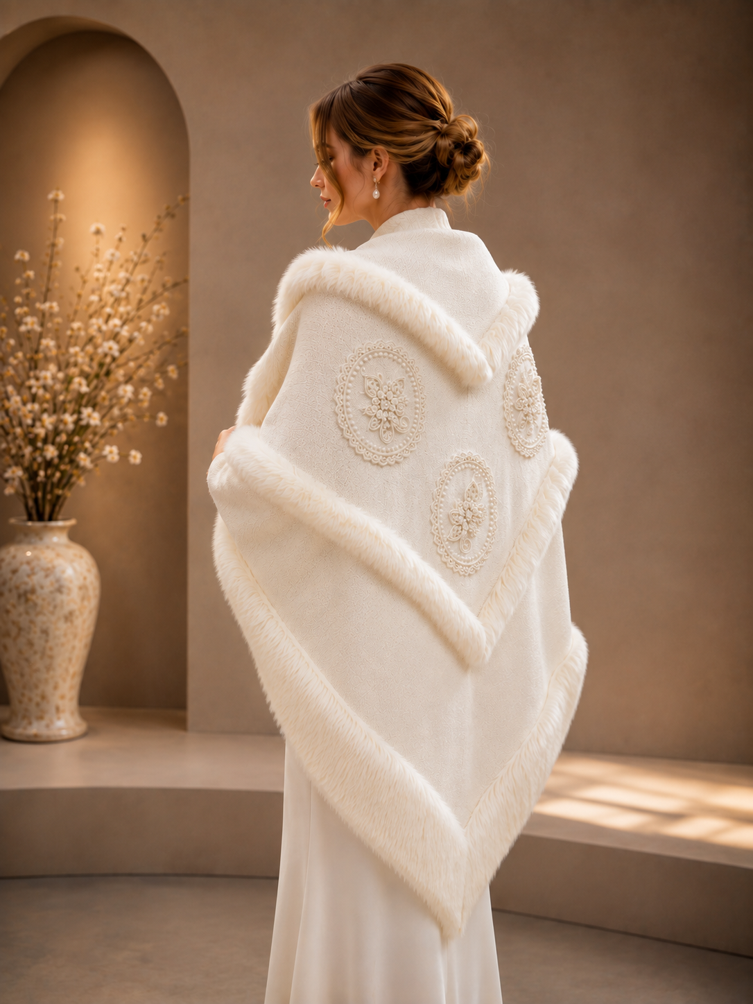 Embroidered White Wool Shawl