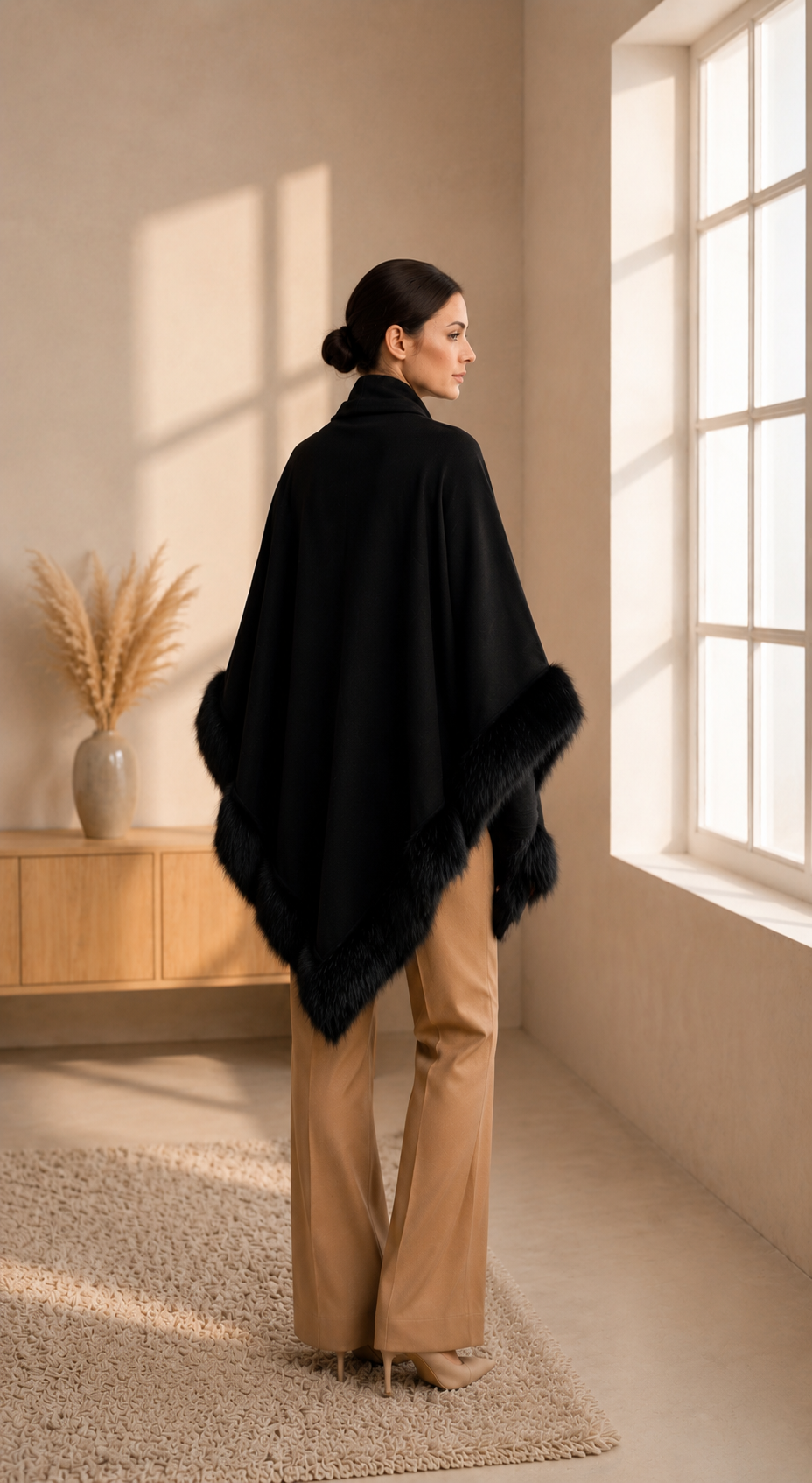 Black Plain Knit Shawl with Faux Fur