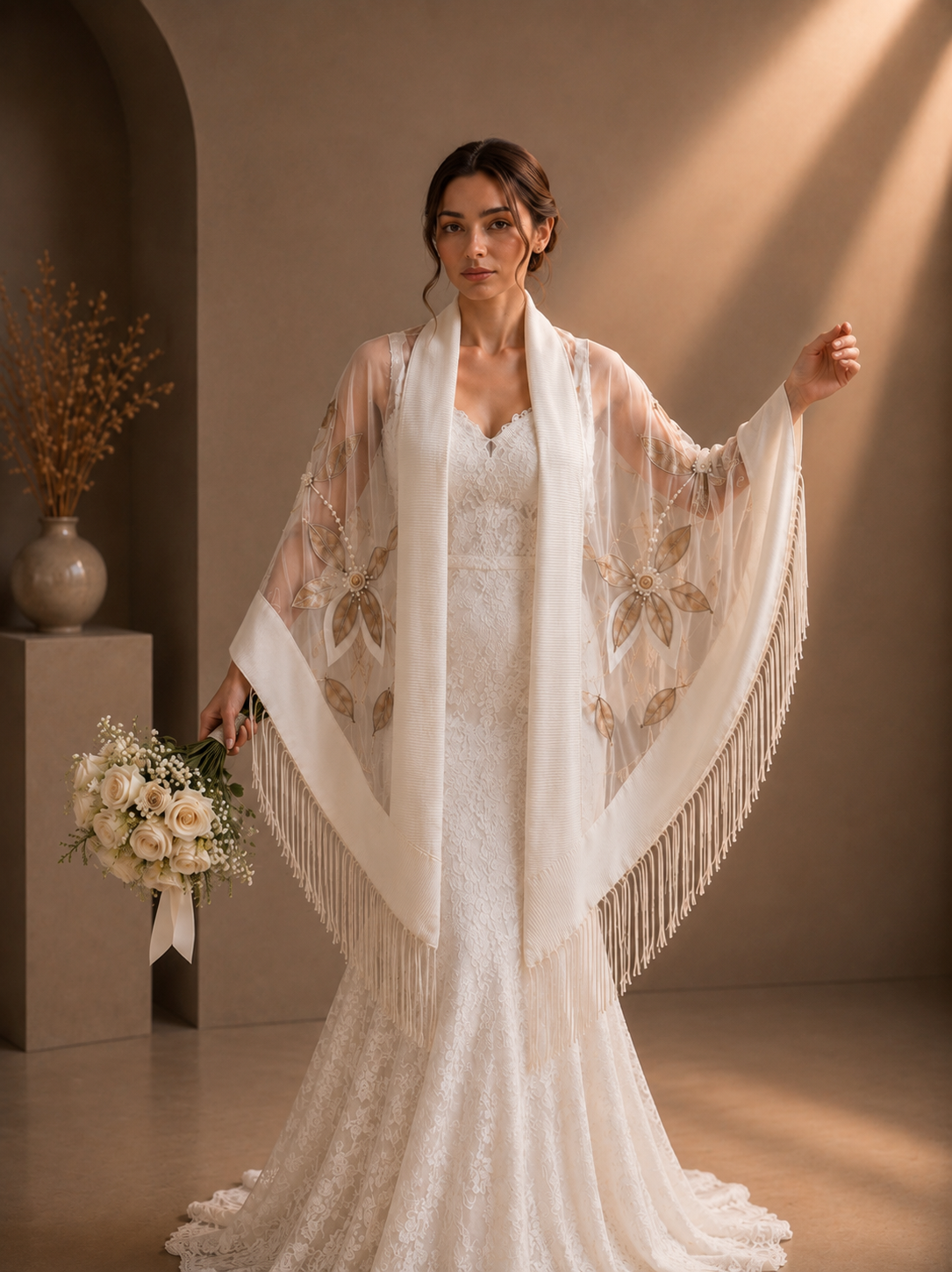 White Bridal Folaral Aplique Knit and Tulle Shawl