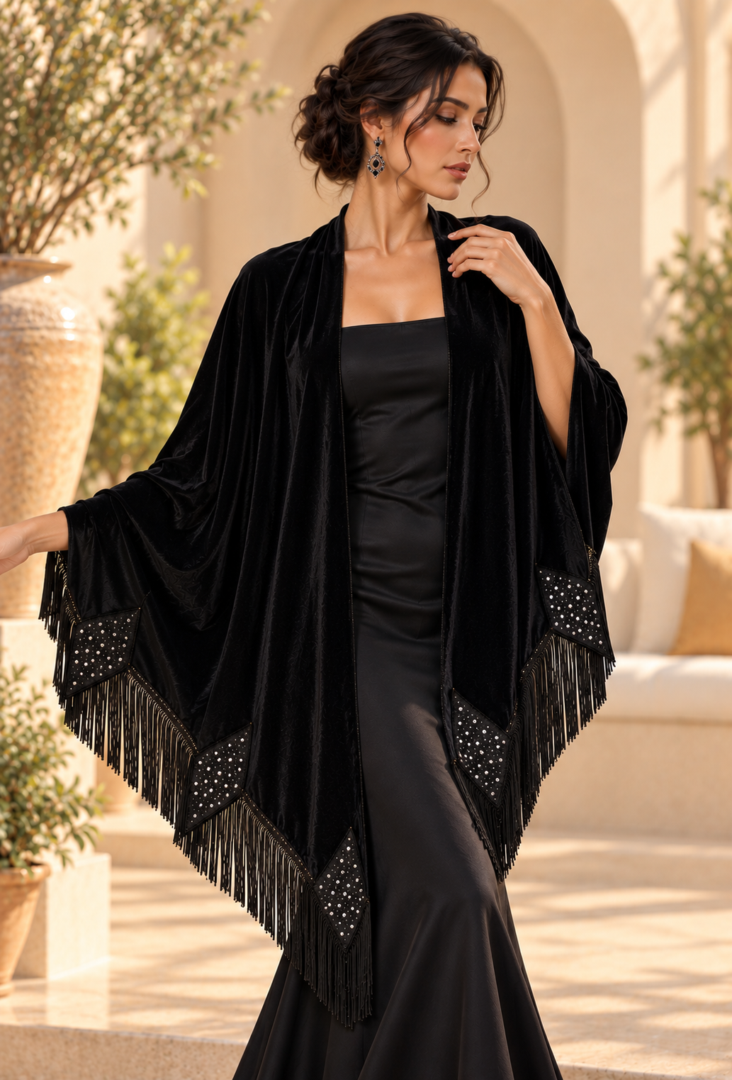 Black Velvet Shawl with Geometric Stones