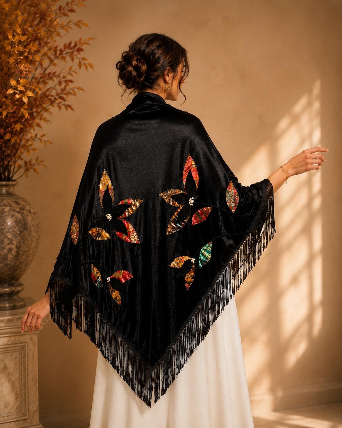 Velvet Evening Shawl with Floral Applique