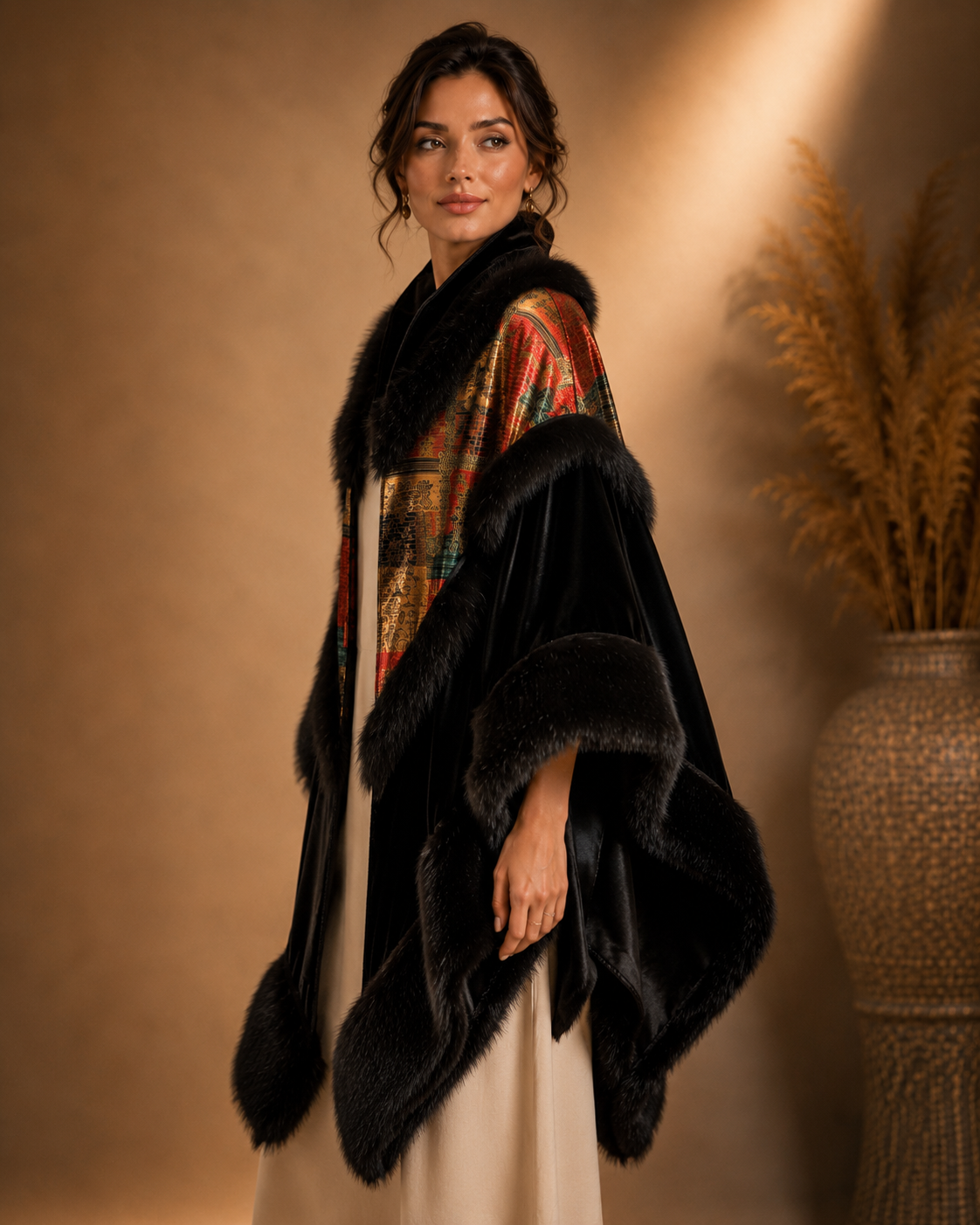 Velvet Shawl with Fur and Red Pattern Fabric