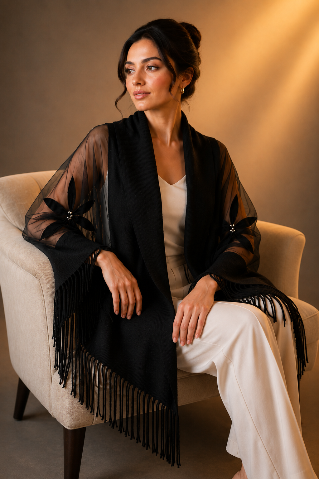 Evening Knit and Tulle Shawl with Velvet Aplique