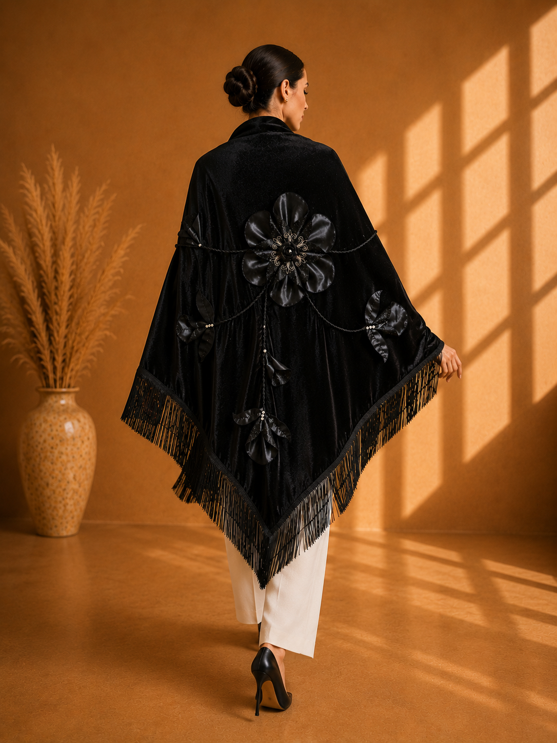 Handmade Flower Aplique Velvet Black Shawl