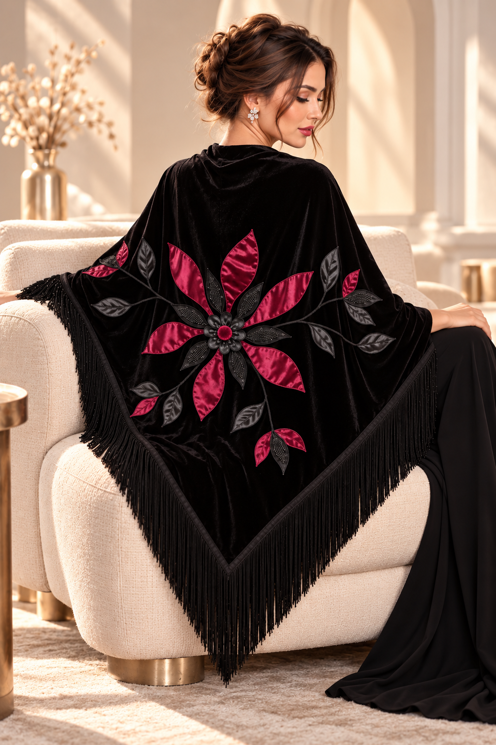 Black Velvet Shawl with Red Flower Aplique