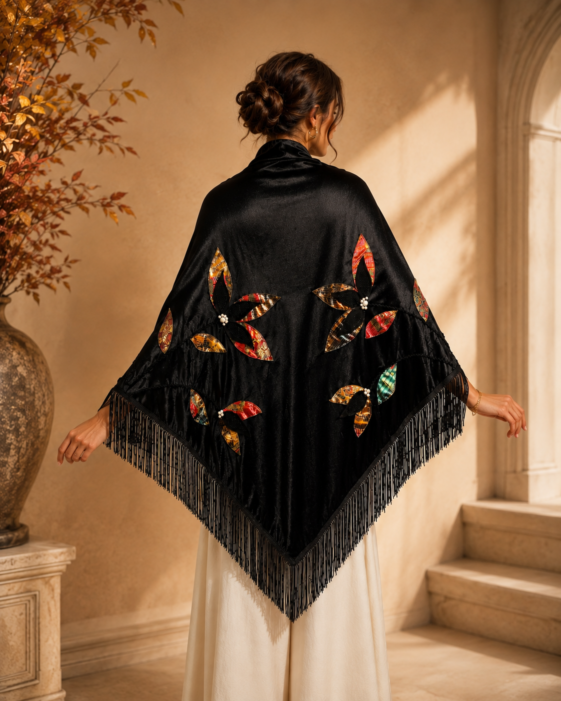 Velvet Evening Shawl with Floral Applique
