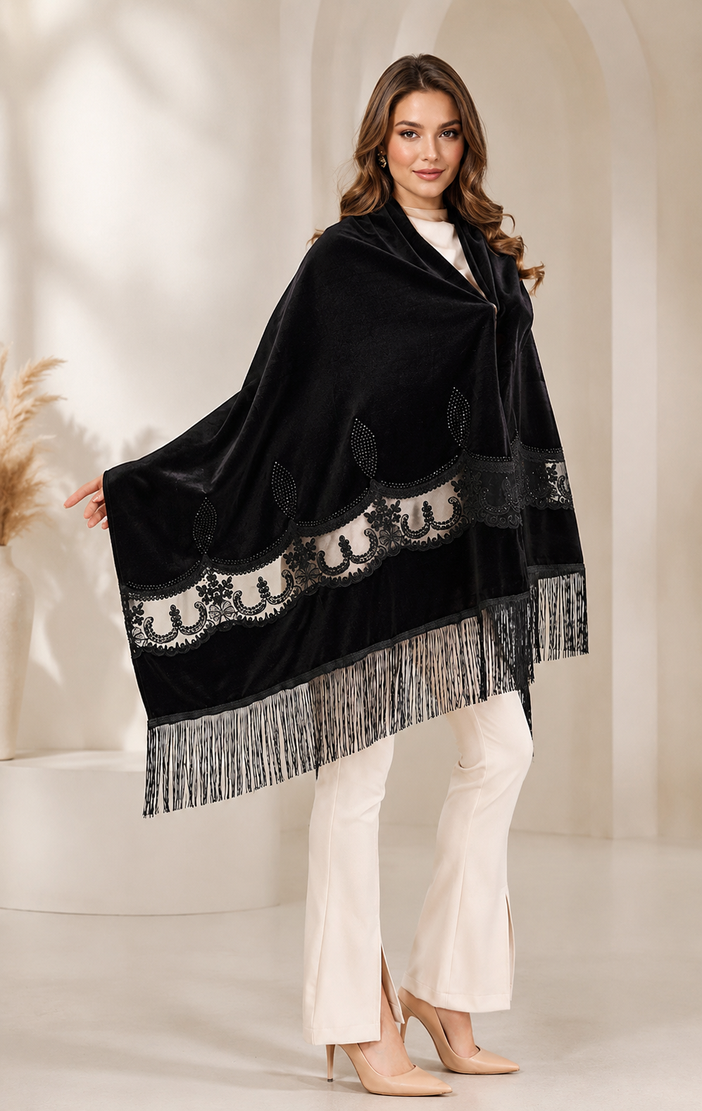 Black Embroidery Velvet Shawl with Crystal Stones