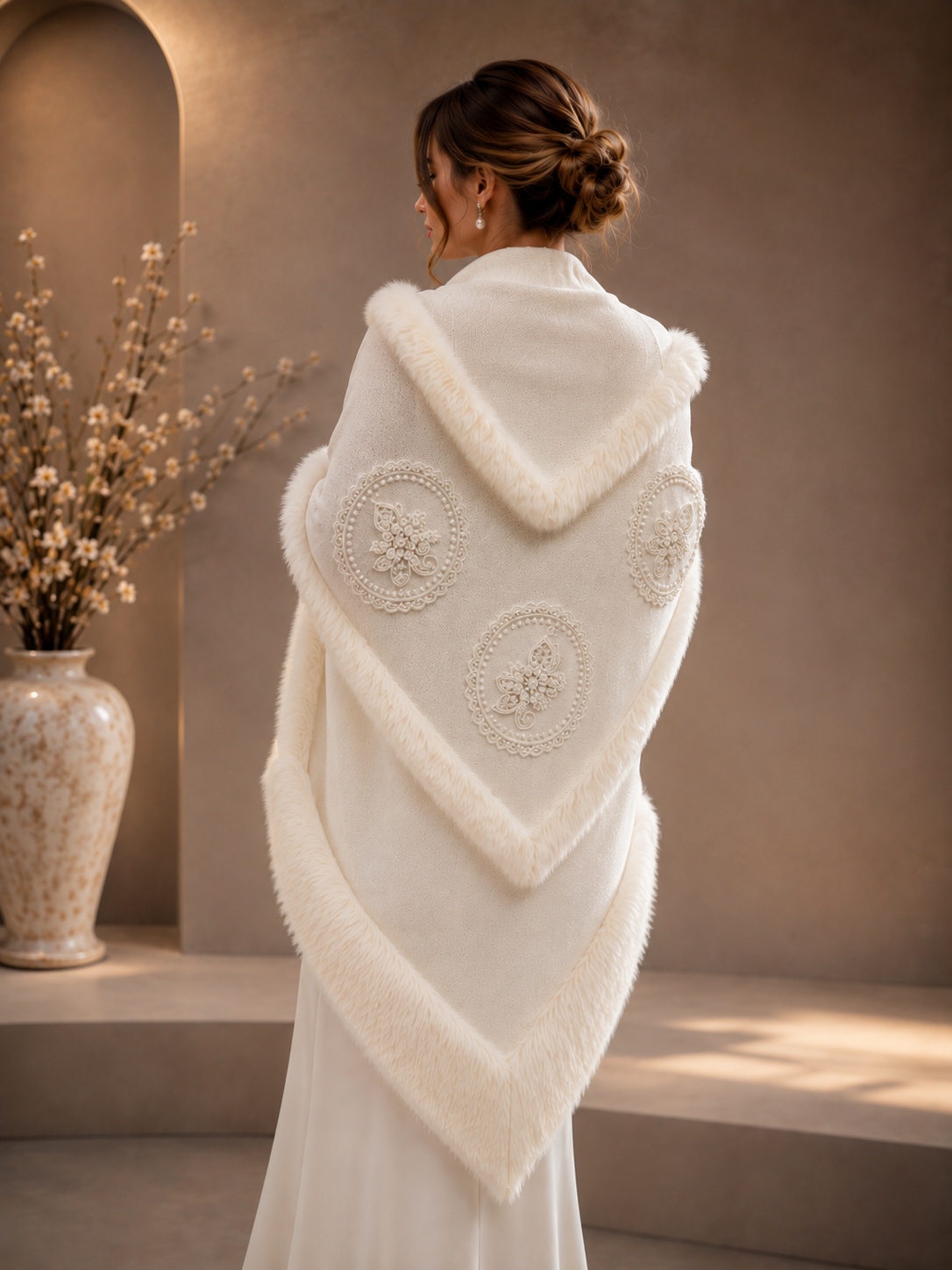 Embroidered White Wool Shawl