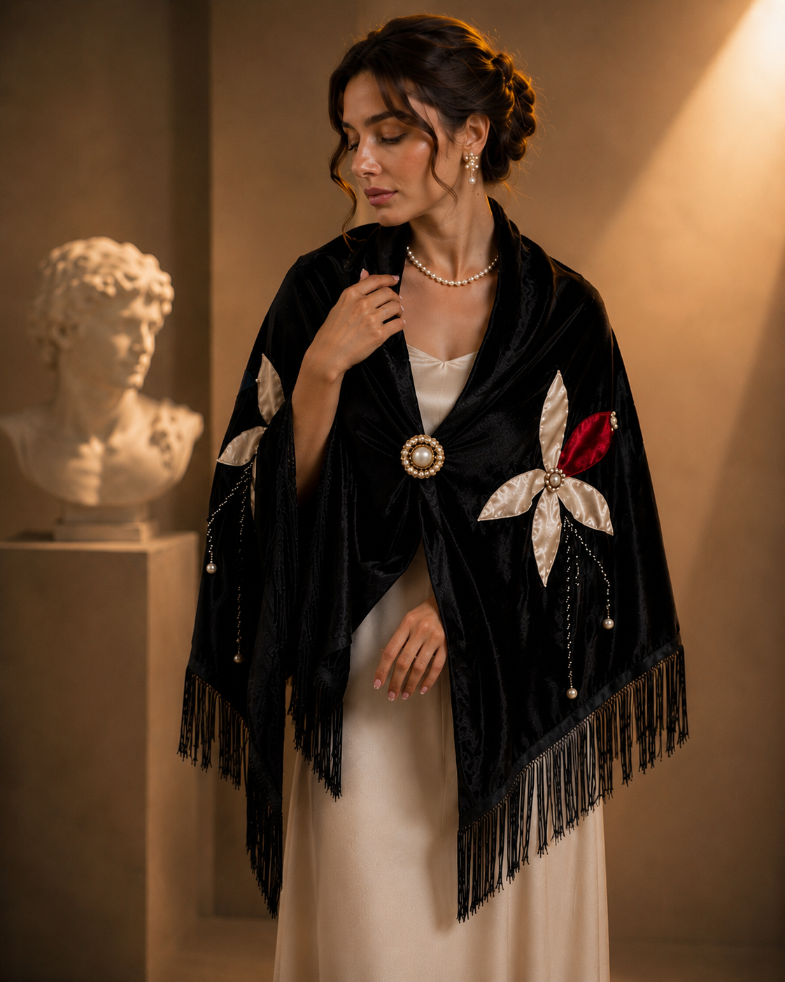 Flower Aplique Velvet Black Shawl