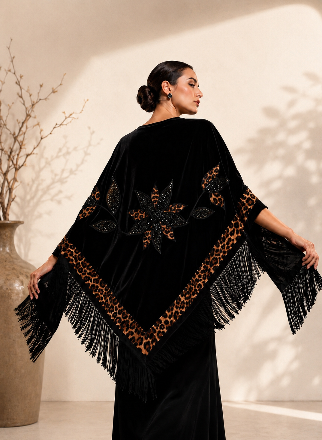 Tiger Leopard Aplique Velvet Black Shawl