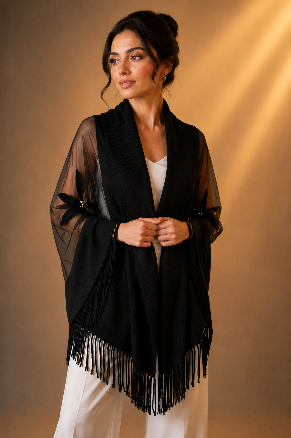 Evening Knit and Tulle Shawl with Velvet Aplique