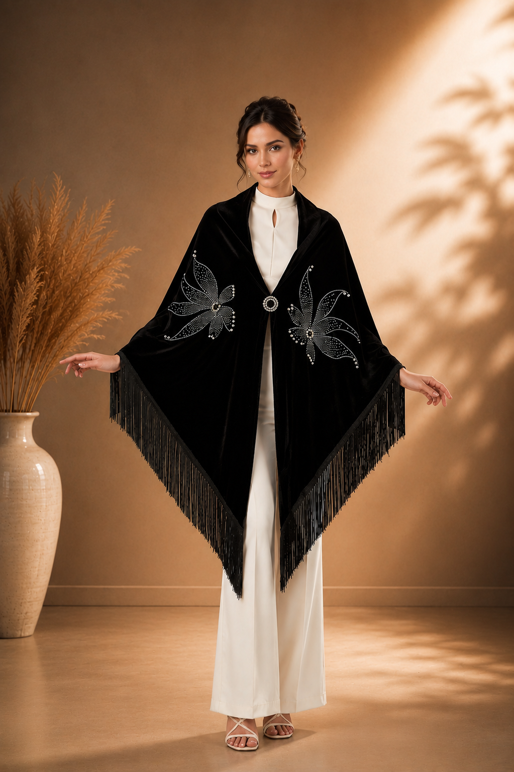Velvet Shawl with Crystal Flower Stones