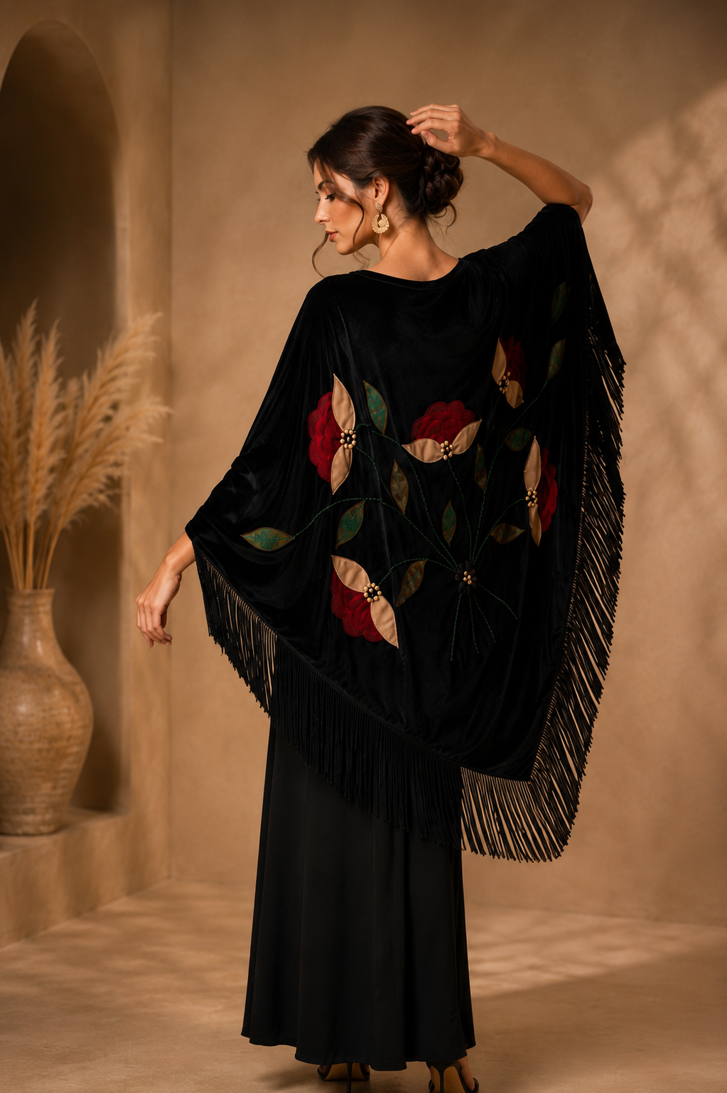 Handmade Embellisment Red Flower Aplique Velvet Black Shawl