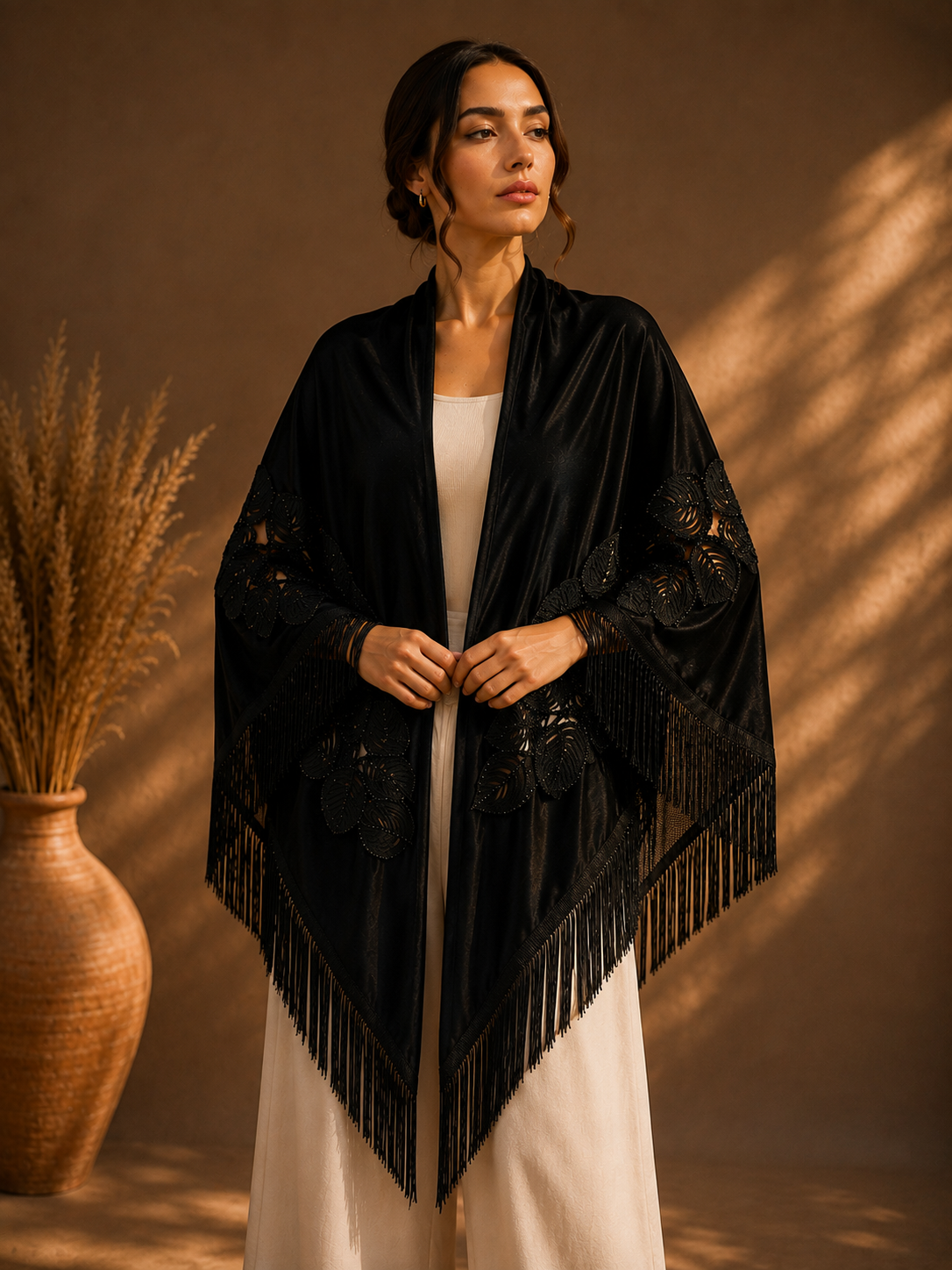 Black Embroidery Velvet Shawl with Fringe