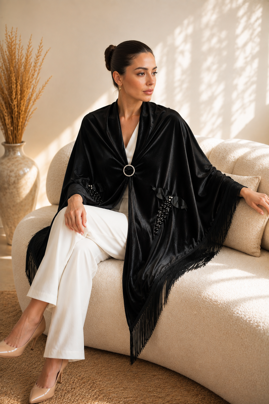 Velvet Black Shawl with Beaded Embellisment