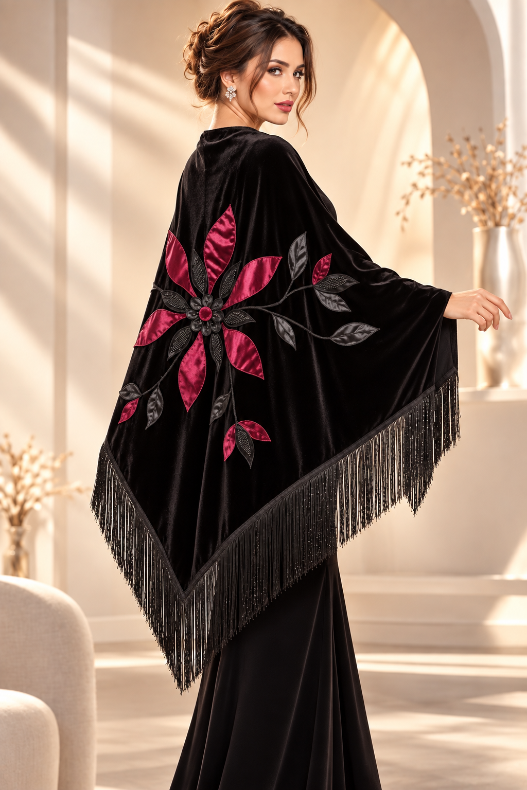 Black Velvet Shawl with Red Flower Aplique