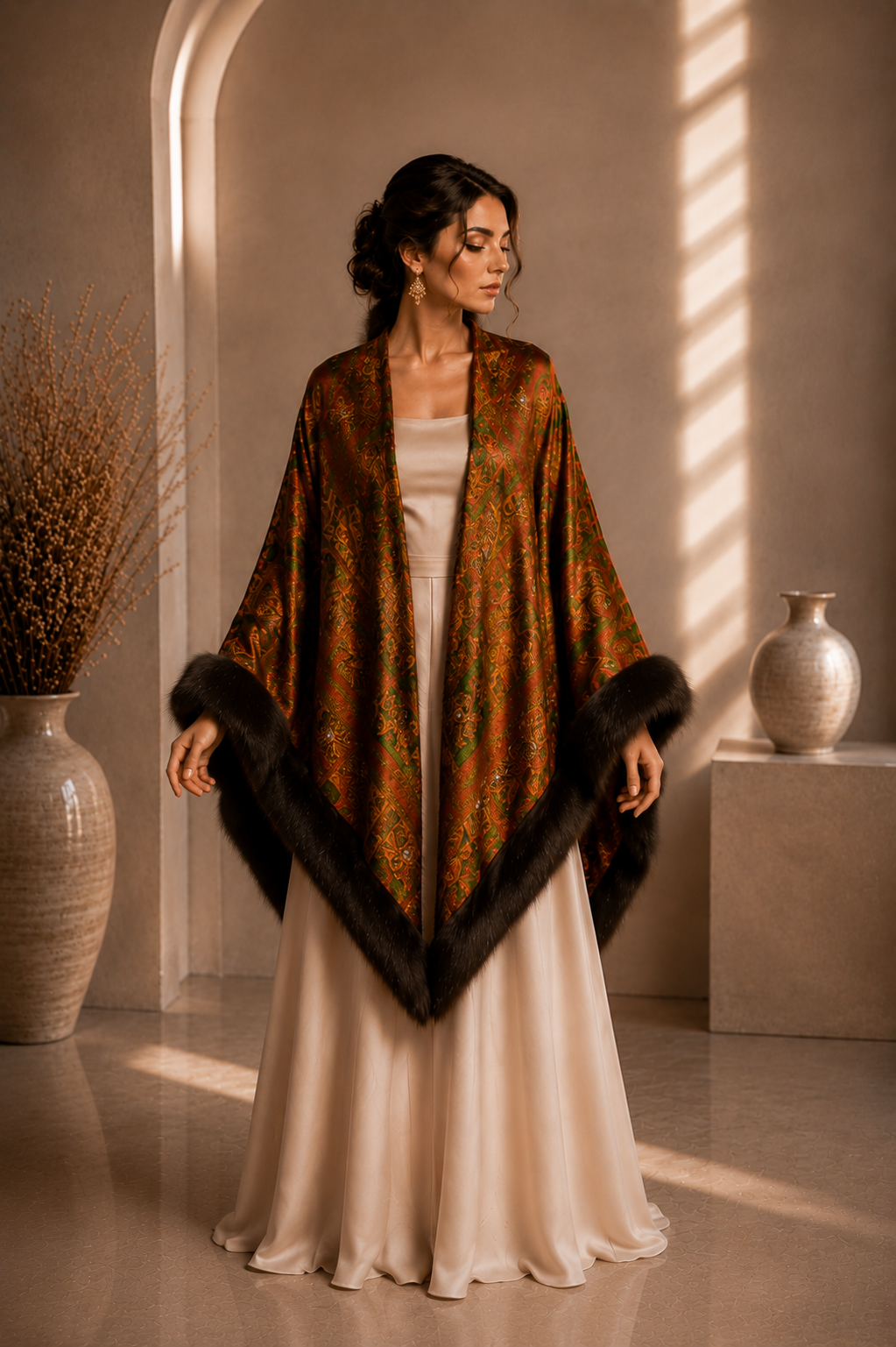 Patterned Velvet Shawl with Faux Fur