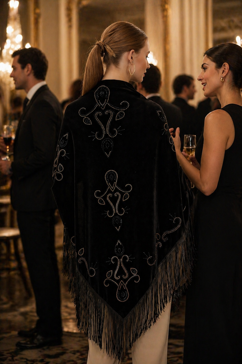 Black Velvet Shawl with Crystal Embellishments