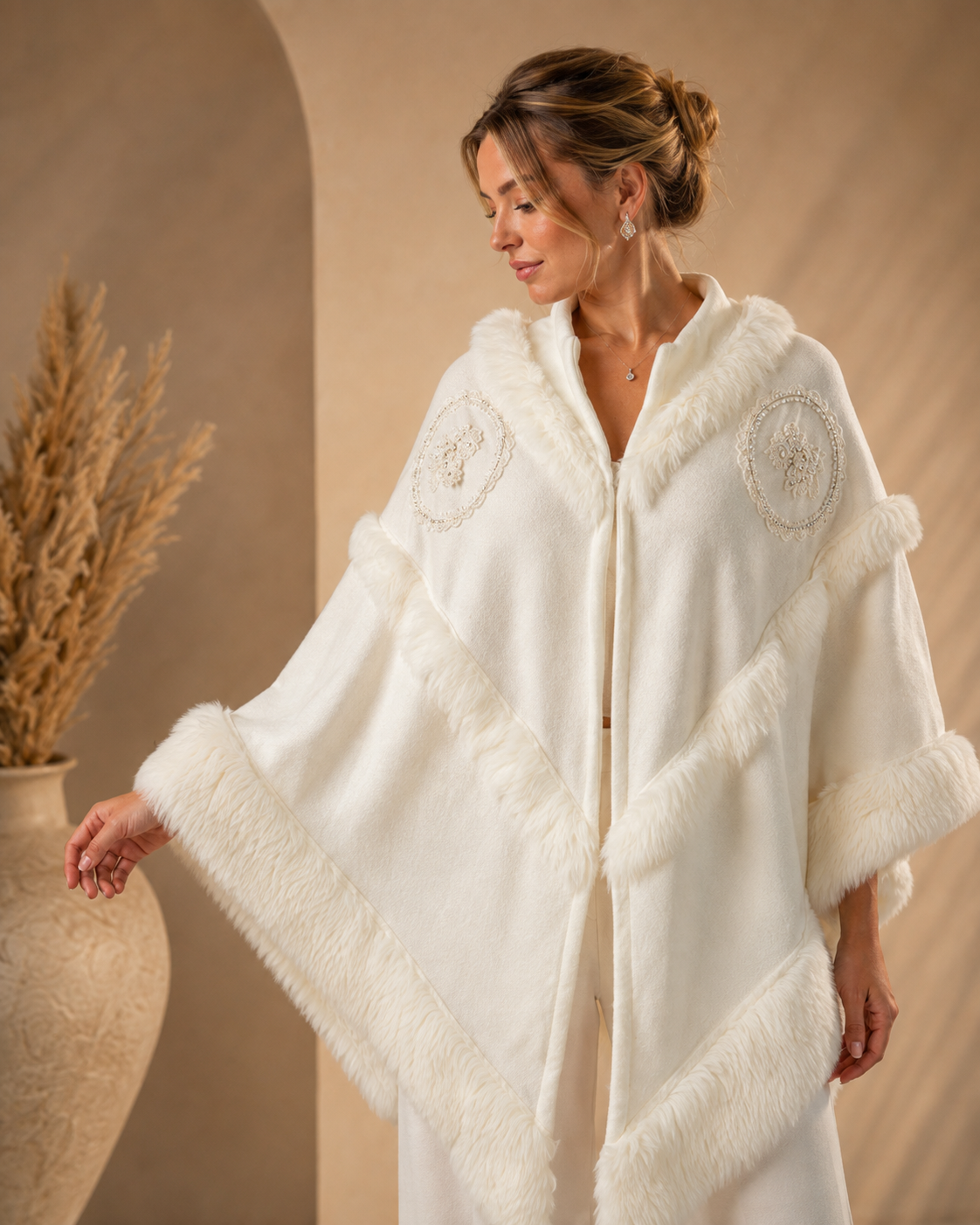 Embroidered White Wool Shawl