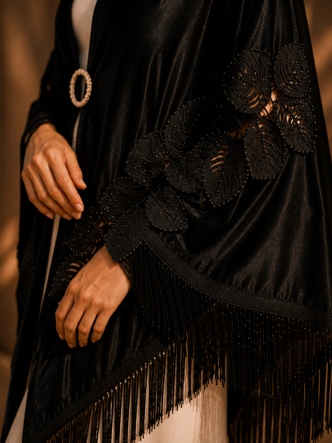Black Embroidery Velvet Shawl with Fringe