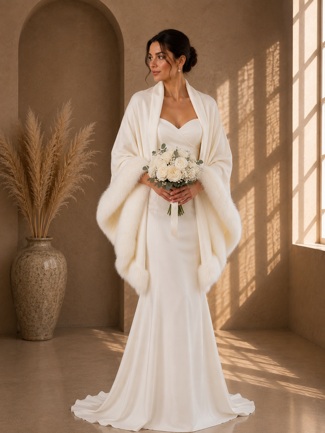 White Plain Wedding Knit Shawl with Faux Fur