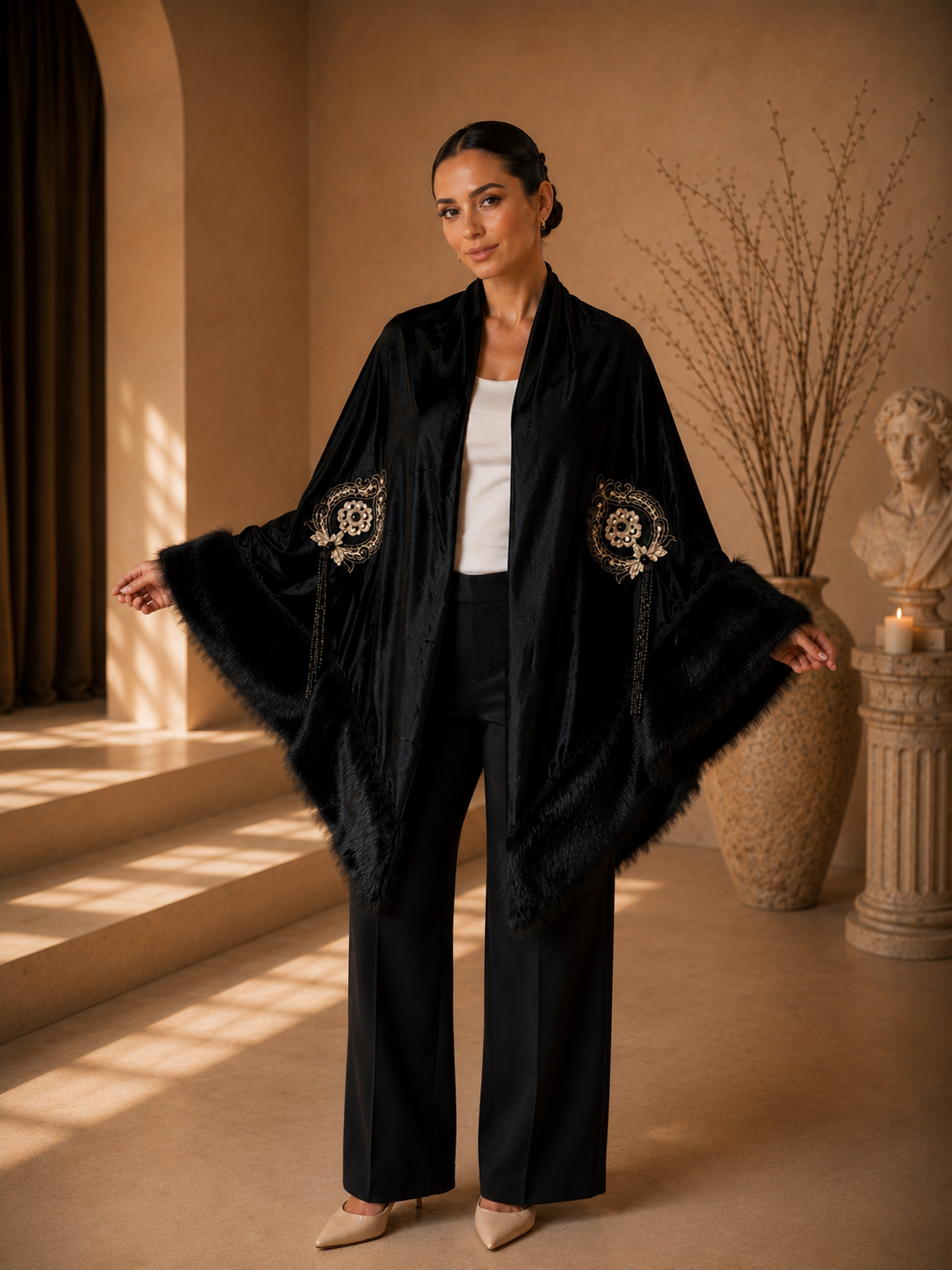 Embroidery Velvet Faux Fur Shawl