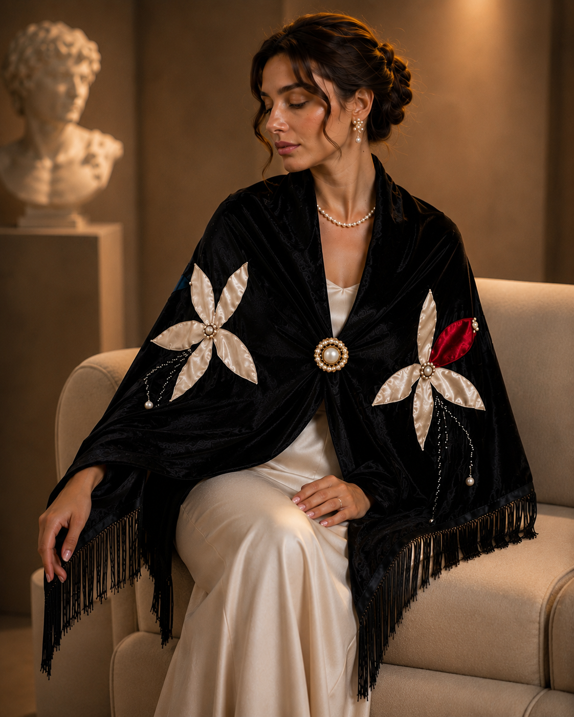 Flower Aplique Velvet Black Shawl