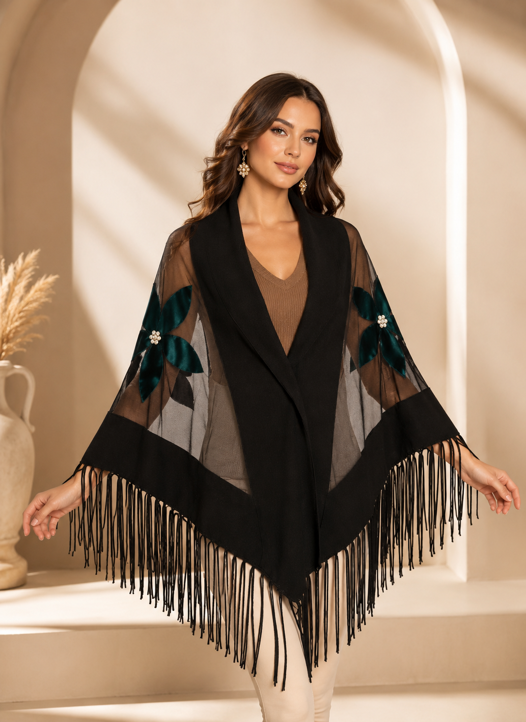 Colorful Velvet Flowers Knit and Tulle Shawl