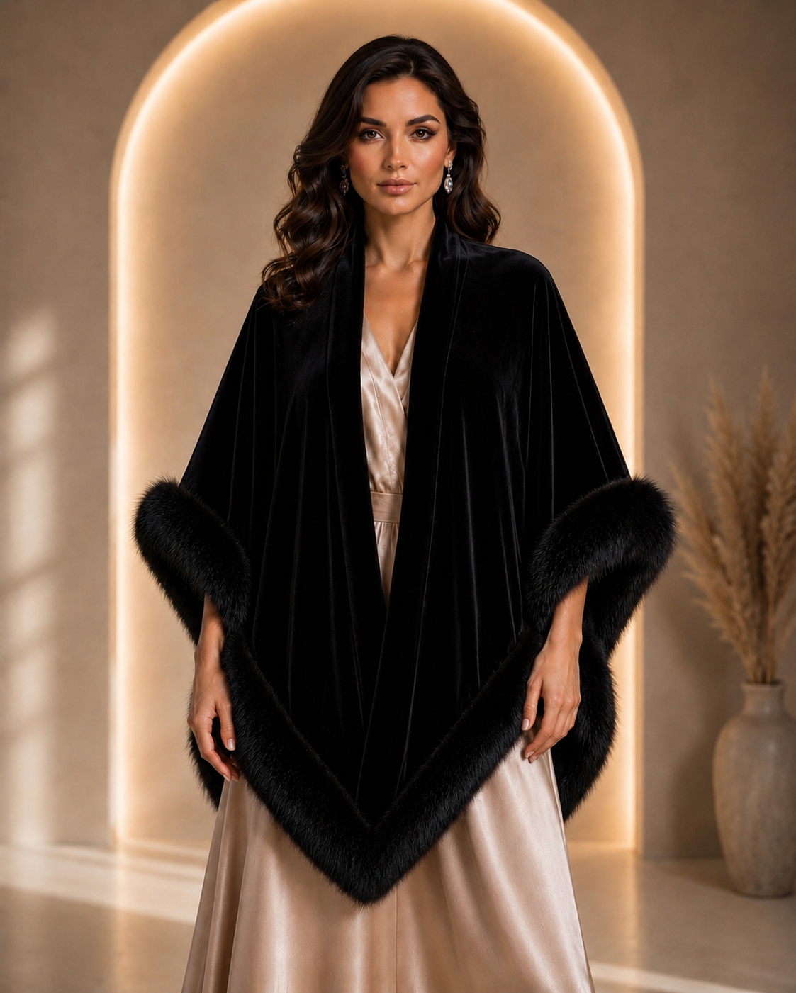 Black Velvet Plain Shawl with Fur Trim