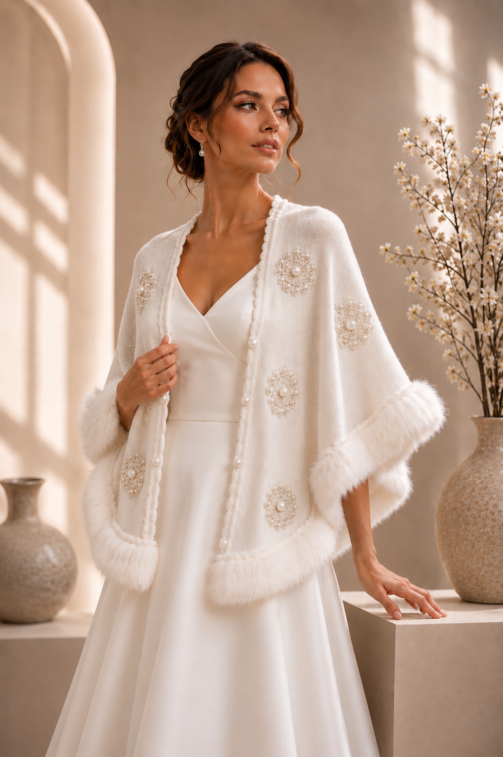 Ivory Bridal Pearl Embellished Shawl
