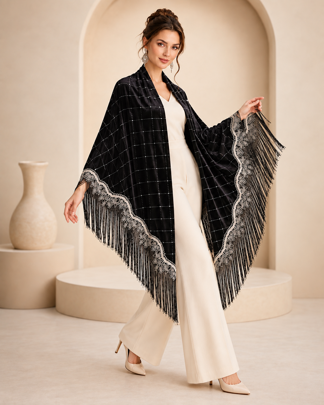 Silver Embroidery and Fringe Velvet Shawl