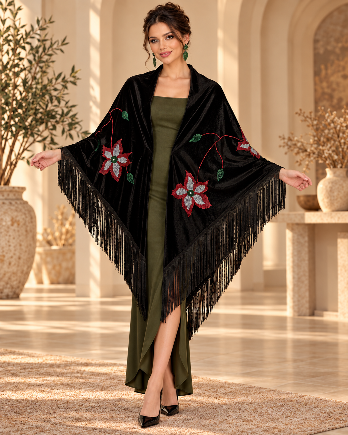 Velvet Shawl with Crystal Floral Stones
