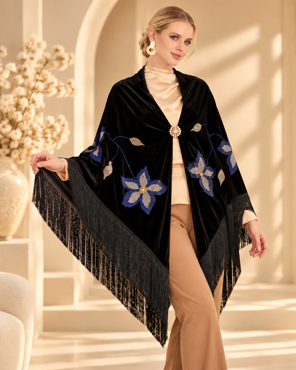 Velvet Shawl with Blue Crystal Floral Stones