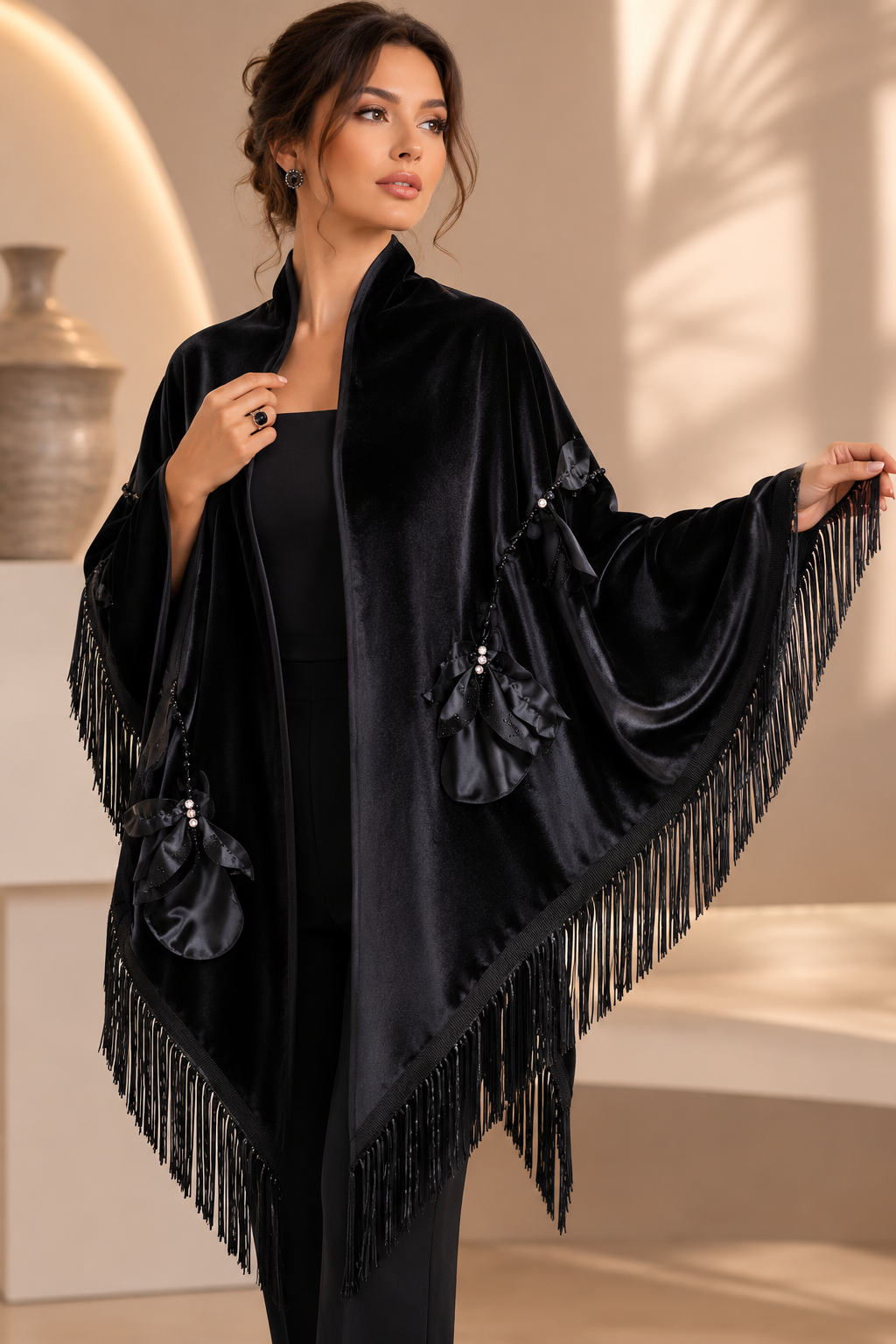 Handmade Flower Aplique Velvet Black Shawl