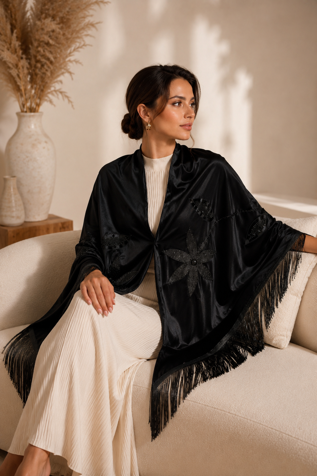 Handmade Embellisment Flower Aplique Velvet Black Shawl