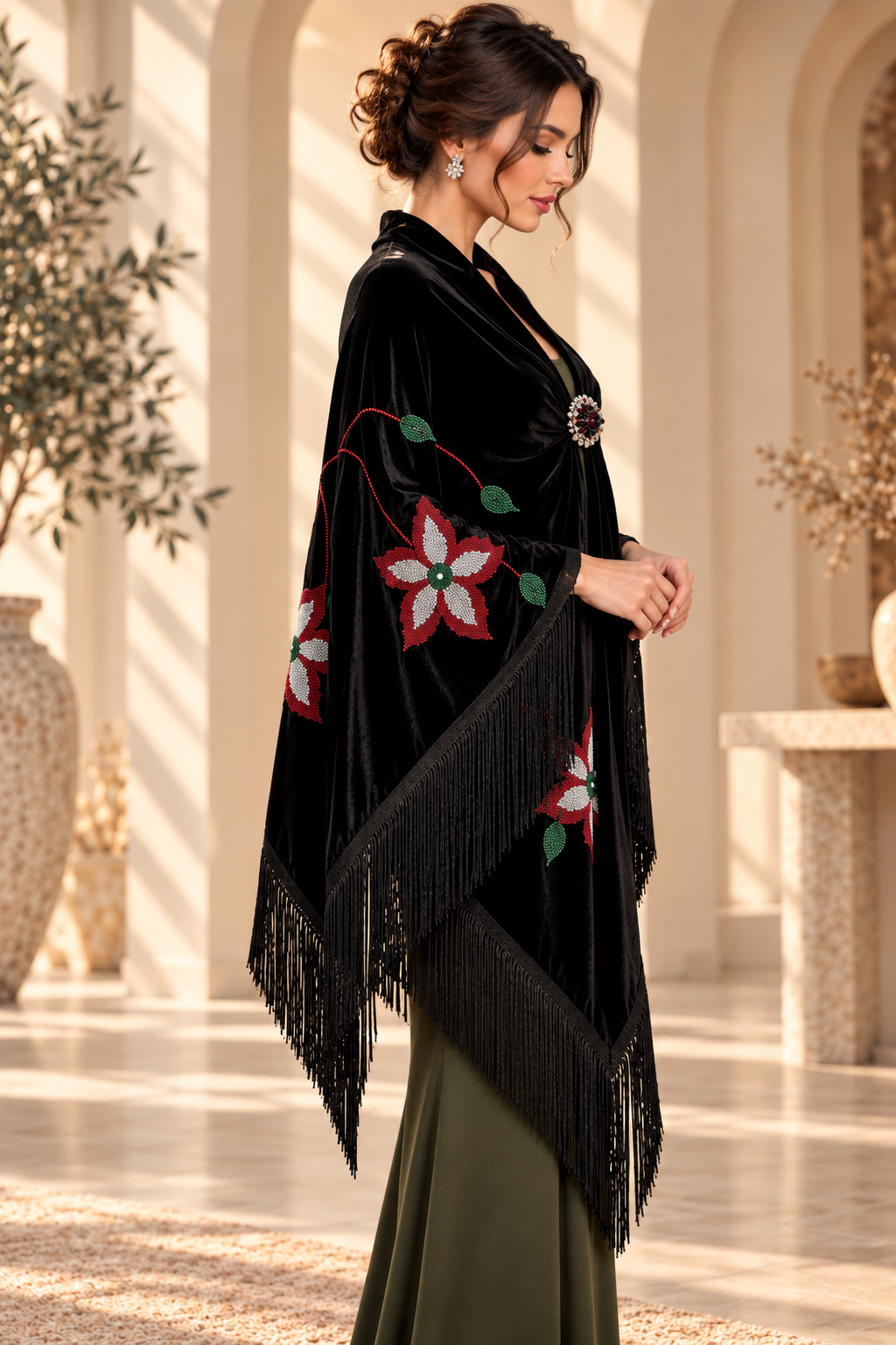 Velvet Shawl with Crystal Floral Stones