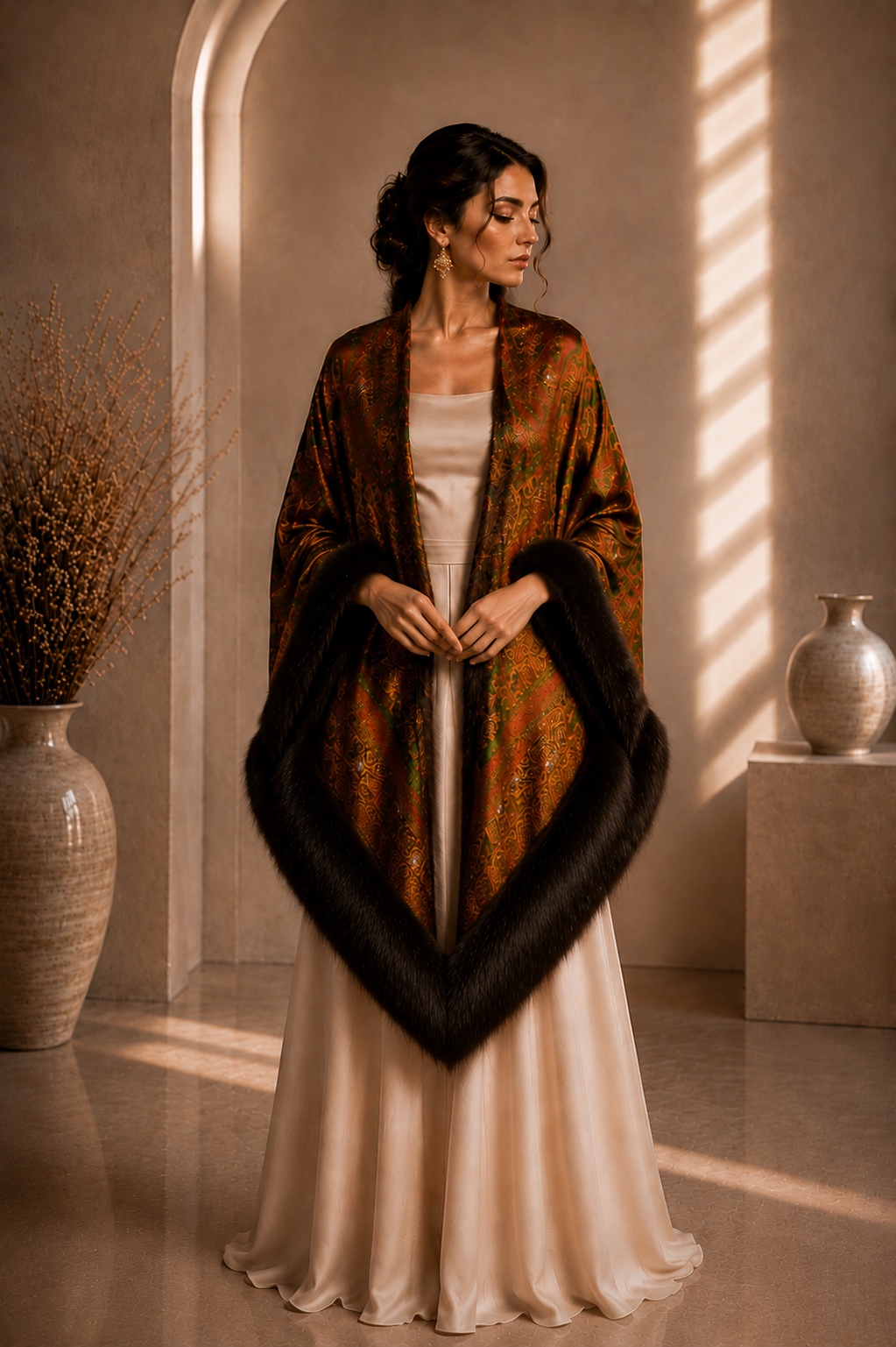 Patterned Velvet Shawl with Faux Fur