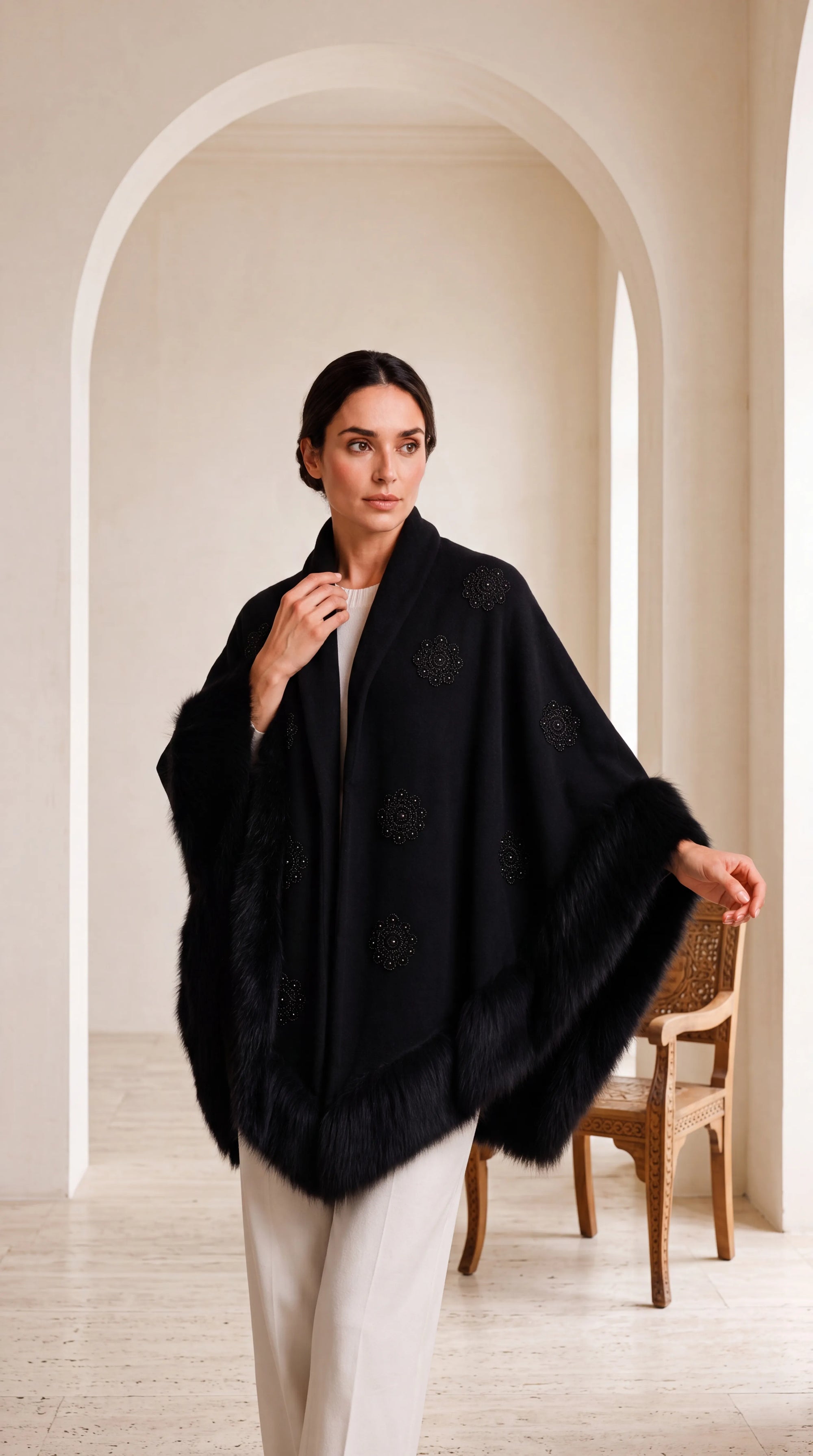 Knit Shawl, Faux Fur Trim Embroidery and Pearl Detailed