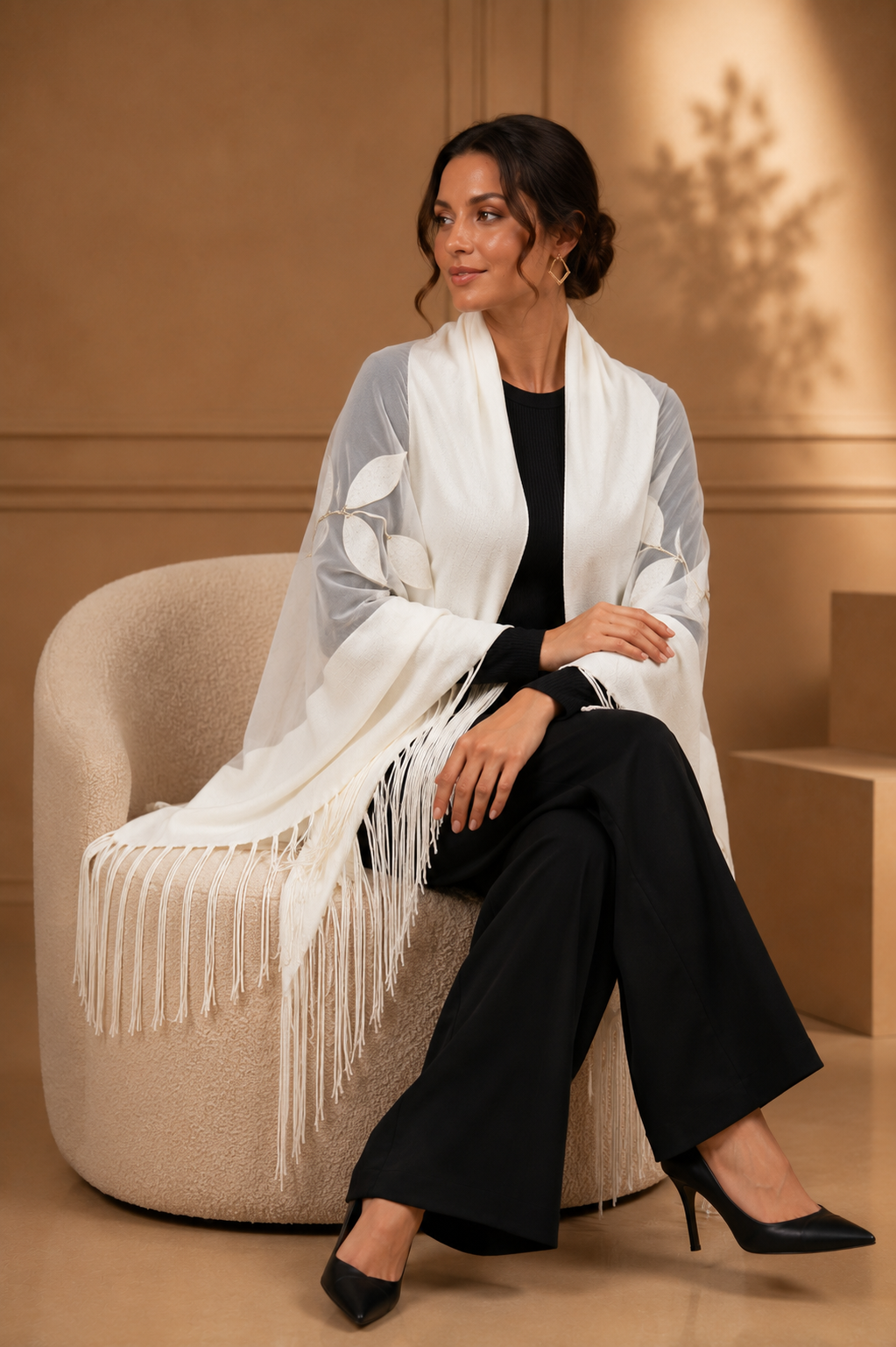 White Bridal Knit and Tulle Shawl